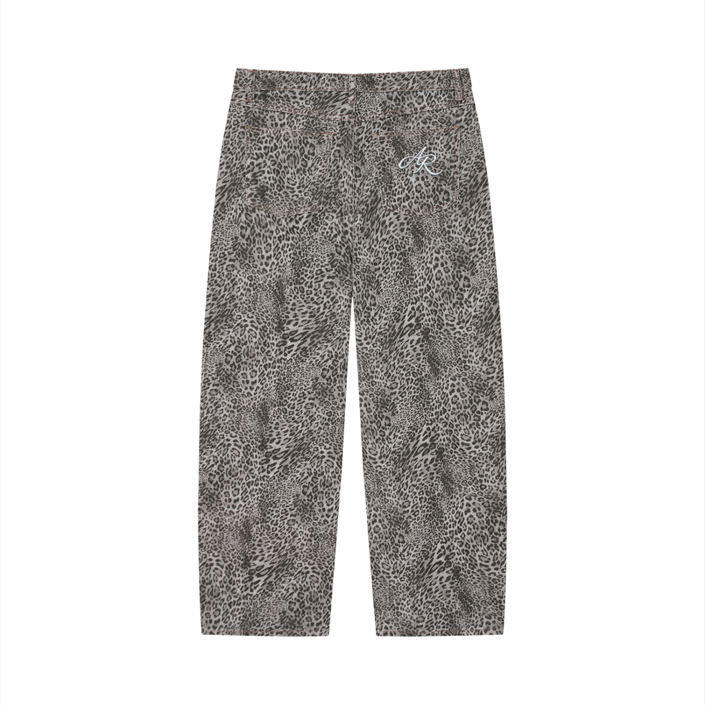 Unisex Vintage Wash Leopard Wide Leg Jeans